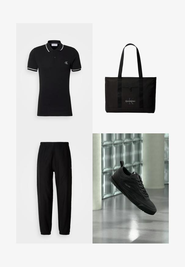 Zwart poloshirt met korte mouwen, witte bies op kraag en mouwen, knoopsluiting met twee knopen en klein wit "cK" logo op de linkerborst.; Zwarte sweatpants met een elastische tailleband, smal toelopende pijpen en cuffs. Gladde stofstructuur. Logodetail aan de zijkant.; Zwarte Calvin Klein sneaker met een getextureerde zool en veters, die binnenshuis zweeft vlakbij een glazen blokmuur en betonnen zuilen.; Zwarte Calvin Klein totebag met twee lange handvatten en een voorvak, met het logo van het merk in wit en grijs.