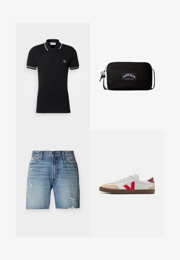 Sort kortærmet polo med hvide kantdetaljer på krave og ærmer, to-knaps lukning og lille hvid "cK"-logo på venstre bryst.; Lyseblå denimshorts med frynser, slidte detaljer på begge ben, knaplukning foran og forlommer mod en hvid baggrund.; Hvide lædersneakers med rød V-logo, beige ruskind toe cap og brun gummisål. Har klassisk snørelukning og polstret krave.; Sort rektangulær crossbody-taske med hvidt "Calvin Klein New York City" logo-patch og justerbar rem med metalclips.
