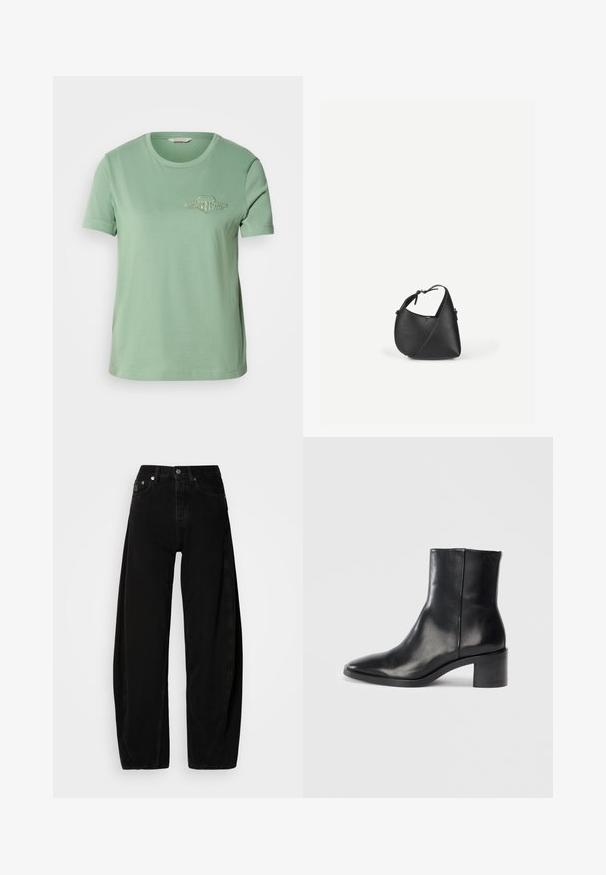Camiseta de algodón verde claro con mangas cortas, escote redondo y logo bordado en el pecho. Textura suave y corte casual.; Pantalones de mezclilla anchos negros con cintura alta, que cuentan con una bragueta de botones, cinco bolsillos y mínimos detalles de costura.; Botín de cuero negro hasta el tobillo con punta afilada, tacón bajo y bloque, y sutil logotipo embosado. Textura suave con un diseño elegante y costuras mínimas.; Bolso de hombro de cuero negro con forma triangular redondeada y correa ajustable sobre un fondo liso y claro.