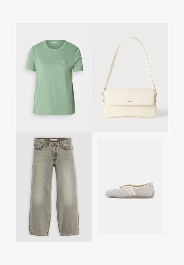 Lys grøn bomulds t-shirt med korte ærmer, rund halsudskæring og broderet logo på brystet. Glat tekstur og afslappet pasform.; Lys grå, bredbenede jeans lavet af denim. Har traditionel fem-lomme stil og let falmning gennem stoffet.; Lys grå ruskindsfritidssko med beige kant og justerbar elastisk snor på sålen, set fra ydersiden.; Cremefarvet læder skuldertaske med flaplukning, sølvfarvet beslag, en enkelt justerbar rem og diskrete logodetaljer.