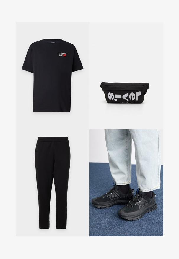 Schwarzes Baumwoll-T-Shirt mit Rundhalsausschnitt. Verfügt über ein kleines rotes und weißes "New Balance"-Logo und Text im oberen linken Brustbereich.; Schwarze Trainingshose mit geradem Schnitt, elastischem Bund und glatter Textur. Keine sichtbaren Muster oder Beschläge. Einfaches Design.; Schwarze Sportschuhe aus strukturiertem Stoff mit Gummisohlen, ausgestattet mit elastischen Schnürsenkeln und einem blauen Akzent an der Ferse. Getragen mit hellen Jeans.; Schwarze Stofftasche mit flacher Form, mit fettgedrucktem weißen Text. Der Reißverschluss befindet sich oben, mit einer Schlaufe an einer Seite.