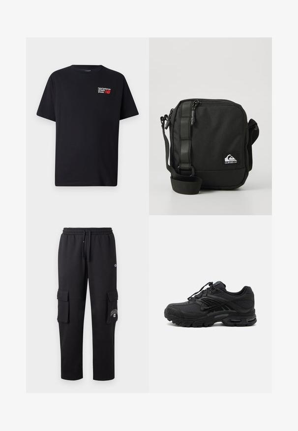 Zwarte katoenen t-shirt met een ronde halslijn. Heeft een klein rood en wit 'New Balance' logo en tekst op de bovenste linkerkant van de borst.; Zwarte cargobroek van zacht materiaal, met twee zijzakken, een elastische tailleband en een logodetail op het linkerpijp.; Zwarte atletische sneaker met textuurstof, dikke gevoerde zool, luchtopeningen en vetersluiting, vanaf de zijkant weergegeven tegen een lichte achtergrond.; Compact zwarte crossbody tas met een verstelbare schouderband, een voorkant met ritssluiting en een klein wit Quiksilver logo label.