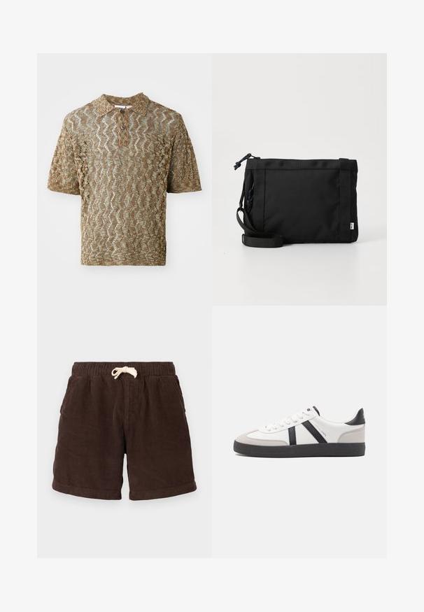 Korte mouwen polo in een tan, gestructureerde brei met golfpatronen. Heeft een kraag en een bruine knoop bij de hals.; Bruine corduroy shorts met een elastische tailleband, trekkoordsluiting en zijzakken. De stof heeft verticale ribbels en een gestructureerde afwerking.; Witte sneaker met zwarte en grijze accenten, voorzien van een grijze neus met textuur, zwarte rubberen zool en platte witte veters. Schoon ontwerp, minimalistische stijl.; Zwarte stoffen schoudertas met een gestructureerde buitenkant, verstelbare schouderband en trekkoordsluiting. Voorzien van gedurfde stiksels en een zijlabel.