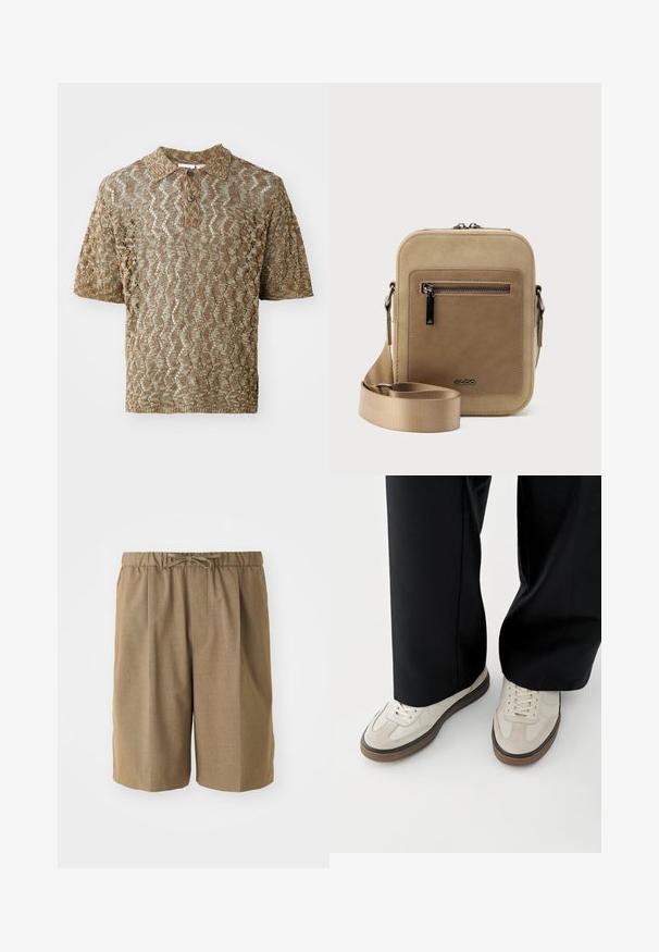 Korte mouwen polo in een tan, gestructureerde brei met golfpatronen. Heeft een kraag en een bruine knoop bij de hals.; Bruine geplooide shorts met een elastische tailleband en verstelbaar trekkoord. Gemaakt van een gladde, lichte stof met rechte pijpen.; Voeten met beige sneakers met bruine zolen en zwarte wijde broekspijpen op een witte achtergrond.; Kleine beige crossbodytas met een voorvak met ritssluiting, metalen ALDO-logo, verstelbare brede band en afgeronde rechthoekige vorm op een witte achtergrond.