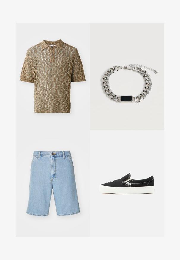 Korte mouwen polo in een tan, gestructureerde brei met golfpatronen. Heeft een kraag en een bruine knoop bij de hals.; Lichtblauwe denim shorts met een relaxte pasvorm, voorzien van een ritssluiting, knoopsluiting en vier zakken. De stof heeft een zachte textuur.; Zwarte Vans instapsneaker met witte rubberen zool, witte stiksels en elastische zijaccenten, gezien vanaf de buitenkant.; Zilveren kettingarmband met een zwart rechthoekig plaatje en verstelbare sluiting op een lichte achtergrond.