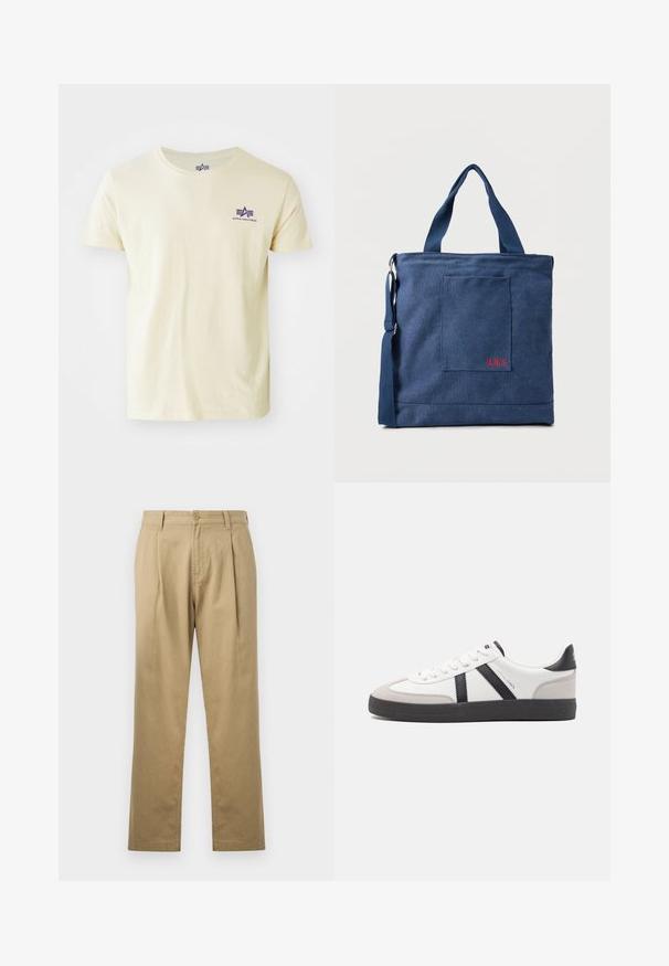 Camiseta de algodón amarillo claro con mangas cortas, cuello redondo y un pequeño logo púrpura en el lado izquierdo del pecho que presenta letras estilizadas y elementos de diseño.; Chinos beige con pierna recta, frente plisado y cierre de botón. Textura suave y diseño de cinturilla estándar.; Zapatilla blanca con acentos en negro y gris, que presenta una puntera texturizada en gris, suela de goma negra y cordones planos blancos. Diseño limpio, estilo minimalista.; Bolso tote de lona azul con bolsillo frontal y bordado rojo "O.N.S", con asas dobles y una correa ajustable para el hombro.