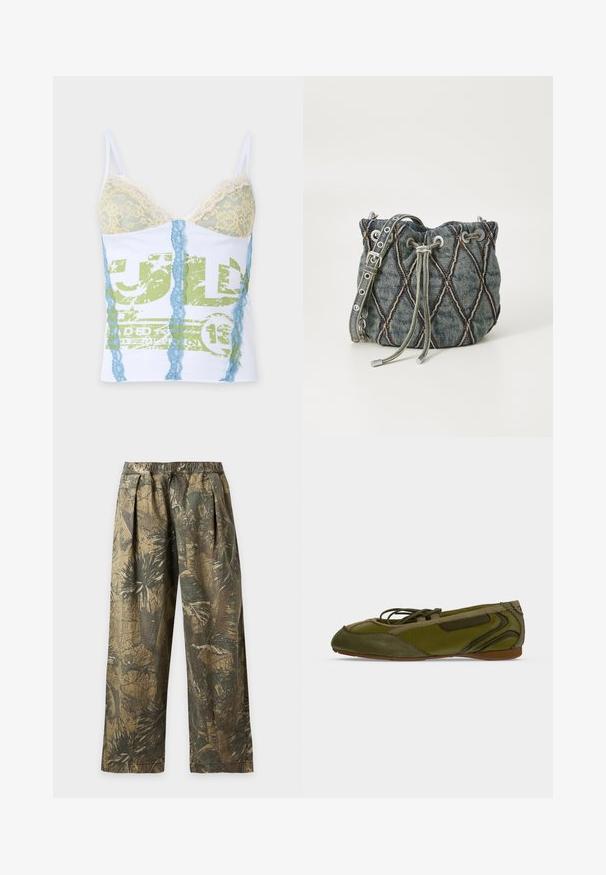 White camisole with pale yellow lace cups, blue vertical lace stripes, and faded green graphic print on the front.; Loose-fit pants with elastic waist, featuring a green and brown tropical leaf camouflage print.; Olive green ballet flat with suede and leather panels, decorative stitching, and lace-up detail on a brown sole.; Denim bucket bag with diamond quilted pattern, gray drawstring closure, silver hardware accents, and soft texture, featuring a removable strap.