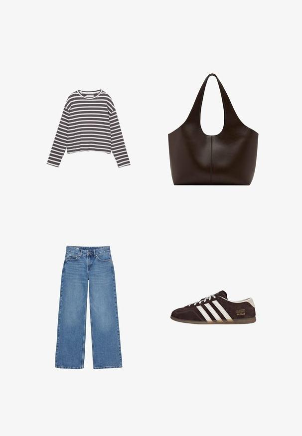 T-shirt à manches longues en tissu doux avec des rayures horizontales grises et blanches, col rond et coupe courte décontractée.; Jean en denim bleu taille haute à jambes larges, avec bouton avant, fermeture éclair et design à cinq poches.; Baskets en suède marron avec trois bandes blanches, semelle en caoutchouc, et étiquette avec le texte "Gazelle" en or. Fermeture à lacets avec lacets gris.; Sac cabas en cuir brun foncé avec une anse large et arrondie et un design minimaliste, présenté sur un fond blanc.