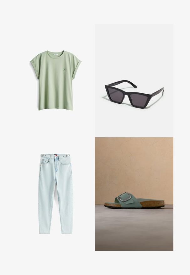 Hellgrünes Baumwoll-T-Shirt mit lockerer Passform, aufgerollten kurzen Ärmeln und einem kleinen runden Logo auf der linken Brust.; Helleblaue, hochtaillierte Jeans aus Jeansstoff, mit geradem Bein, zwei vorderen Taschen und zwei silbernen Knopfverschlüssen an der Taille.; Grüne glänzende Slip-On-Sandale mit einem Metallverschluss, Korkfußbett, schwarzer Gummisohle und glatter Textur, schwebend über einer gewebten Oberfläche.; Schwarze, eckige Sonnenbrille mit grauen Gläsern; aus Kunststoff gefertigt, mit dicken Bügeln, die eine glatte Oberfläche und keine sichtbaren Beschläge haben.