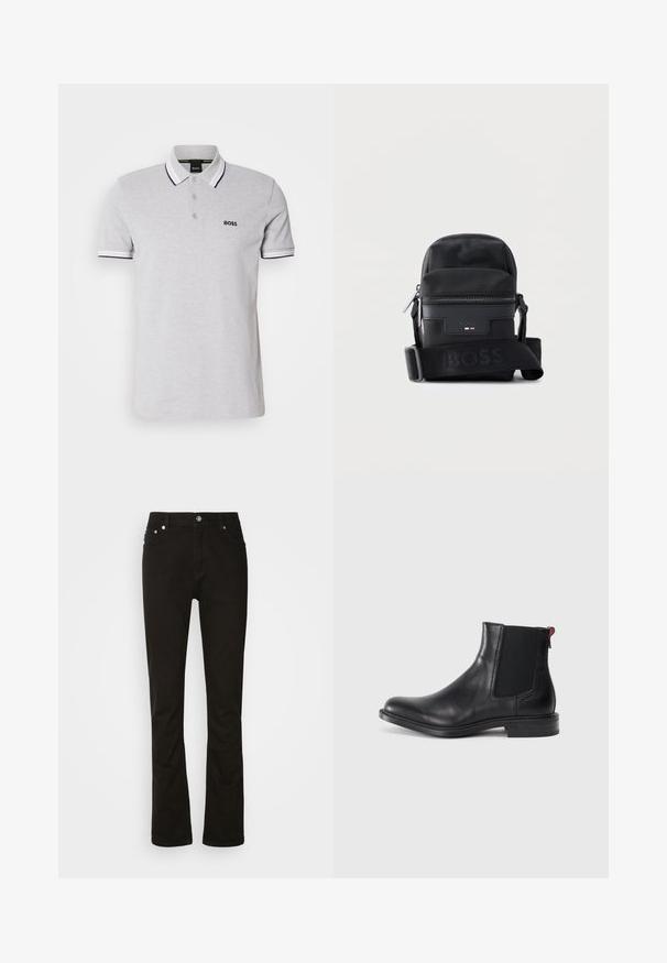 Graues Poloshirt aus Baumwolle mit einer Knopfleiste mit zwei Knöpfen, kontrastierendem weißen Kragen und Ärmelbündchen sowie einem kleinen schwarzen Logo auf der Brust.; Schwarze Jeans aus Denim mit geradem Bein, ausgestattet mit vorderen Taschen, einem Reißverschluss und silbernen Hardware-Details. Glatte Textur, ohne Muster.; Schwarze Leder-Chelsea-Stiefel mit elastischen Seitenteilen, runder Zehenform und niedrigem gestapeltem Absatz. Mit rotem Zugband und dezenten Branding an der Seite.; Kompakte schwarze Crossbody-Tasche mit vorderer Reißverschlusstasche, verstellbarem Riemen mit Prägung "BOSS" und strukturiertem Stoffdesign.