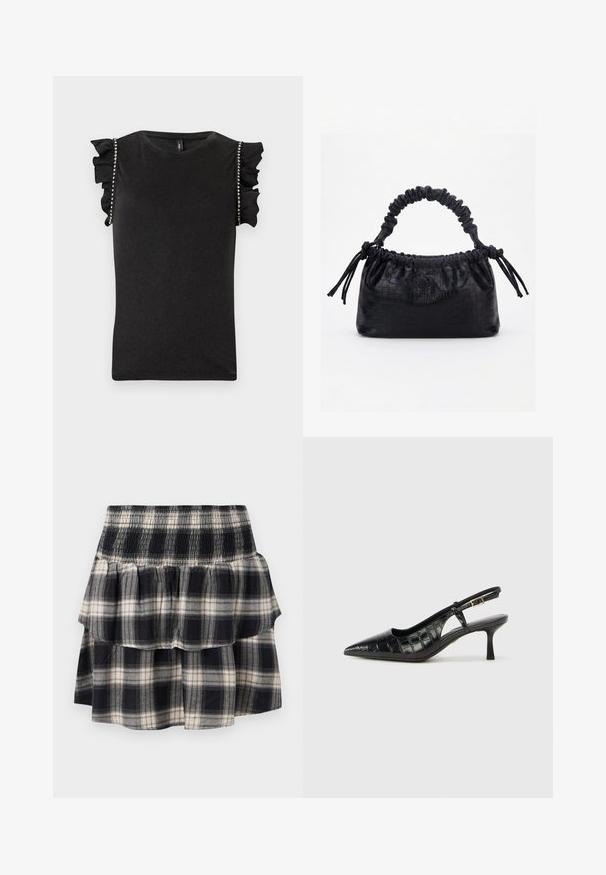 Haut noir sans manches avec épaules à volants et ornements en strass le long des coutures des bras, avec un col rond.; Jupe à volants à carreaux noir et blanc avec taille smockée. Avec des couches froncées et une texture douce en coton.; Escarpins noirs à bride arrière avec un bout pointu et un motif texturé en cuir crocodile embossé. Comprend une fine bride de cheville et un petit talon.; Sac à main noir avec texture crocodile, bord supérieur froncé, poignée plissée et pompons à cordon de chaque côté sur fond blanc.