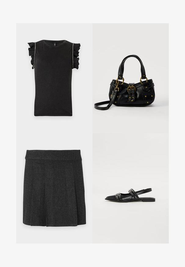 Haut noir sans manches avec épaules à volants et ornements en strass le long des coutures des bras, avec un col rond.; Jupe noire plissée en tissu texturé. Ceinture mi-haute avec des lignes épurées. Coupe classique adaptée à diverses occasions.; Even&Odd by Zalando Ballerines à brides arrière - black; Sac à main en cuir noir avec boucle dorée et détails à rivets, poignées courtes et bandoulière réglable sur fond blanc uni.