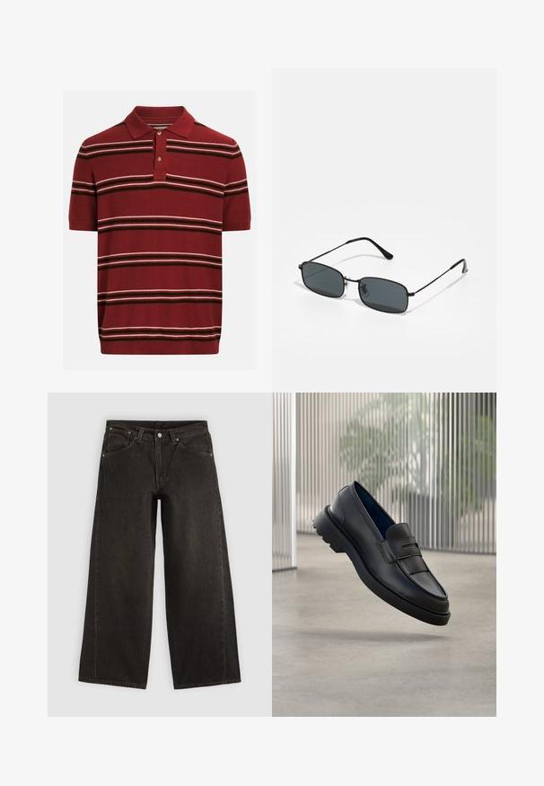 Polo à manches courtes couleur bordeaux avec patte de boutonnage à deux boutons, présentant des rayures horizontales blanches et brun foncé sur le corps et les manches.; Jean noir à jambes larges avec poches avant, fermeture par boutons et passants de ceinture, présenté à plat sur un fond clair.; Mocassins noirs en cuir à finition lisse, avec une bride décorative et un panneau texturé à l'avant, ainsi qu'une semelle en caoutchouc texturée.; Lunettes de soleil rectangulaires noires avec une fine monture en métal et des verres foncés reposant sur une surface blanche.