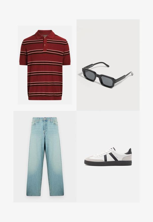 Polo à manches courtes couleur bordeaux avec patte de boutonnage à deux boutons, présentant des rayures horizontales blanches et brun foncé sur le corps et les manches.; Jean large en denim bleu clair avec un effet délavé. Équipé d'une fermeture à bouton à l'avant et d'un design à cinq poches.; Baskets blanches avec des accents noirs et gris, présentant un embout texturé gris, une semelle en caoutchouc noir et des lacets plats blancs. Design épuré, style minimaliste.; Lunettes de soleil rectangulaires noires avec des montures épaisses et des verres teintés foncés, inclinées sur un fond blanc.