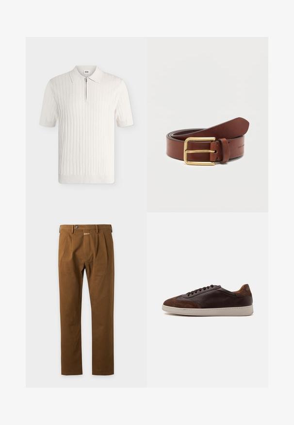 Polo blanc en maille côtelée à manches courtes avec col et fermeture éclair devant sur fond uni.; Pantalon marron à jambes droites avec passants de ceinture, bouton à l'avant et détails plissés sur fond clair.; Basket basse en cuir et daim marron avec des lacets marron foncé et une semelle en caoutchouc blanche vue du côté extérieur.; Ceinture en cuir marron avec boucle rectangulaire dorée, roulée sur un fond blanc uni.