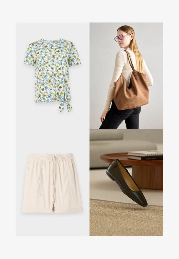 Kortærmet, hvid T-shirt med blomsterprint i blå, grøn og brun. Har en knude detalje på siden for en sammensnøringseffekt.; Beige bomuldsbukser med elastisk talje, snor og to sidelommer; har en afslappet pasform og oprullede kanter.; Sort flad lædersko med afrundet firkantet tå på et beige vævet tæppe, med et træsofabord og stablede bøger i baggrunden.; Brun ruskind tote taske med blød tekstur, stor åbning og lange stropper. Har et enkelt design med synlige syninger og ingen hardware.