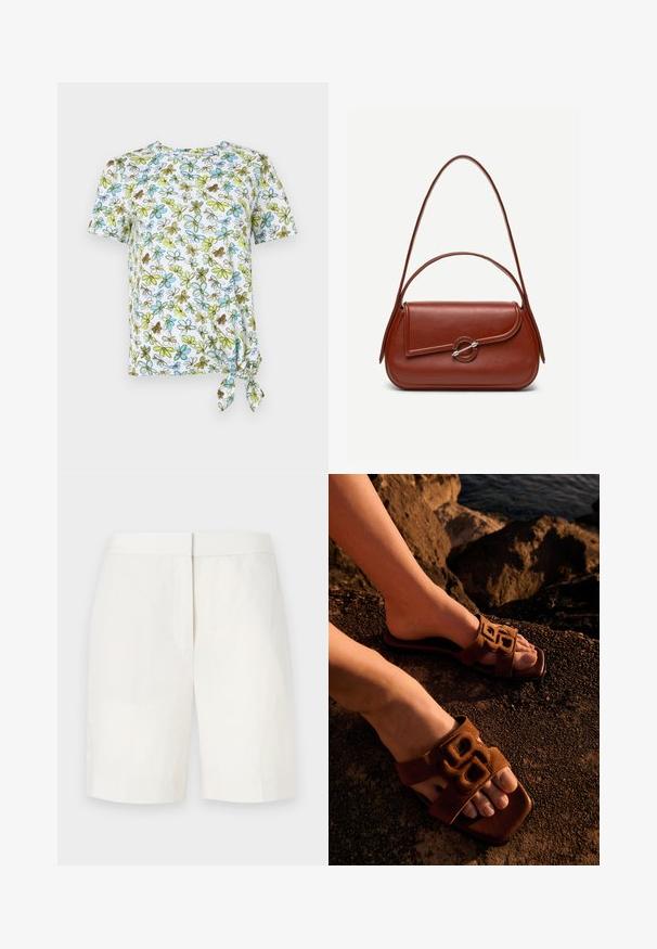Korte mouwen, wit T-shirt met bloemenprint in blauw, groen en bruin. Heeft een geknoopt detail aan de zijkant voor een gerimpeld effect.; Witte katoenen shorts met een rechte snit, vlakke voorkant en subtiele textuur. Heeft een tailleband en geen zichtbare zakken. Eenvoudig ontwerp.; Voeten die bruine slippers met een decoratieve band dragen, rustend op rotsachtige grond bij water in warm licht.; Bruine leren schoudertas met afgeronde rechthoekige vorm, asymmetrische klep, zilveren ronde sluiting en twee dunne bandjes.