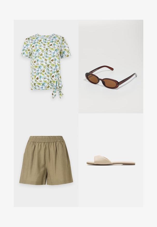 Korte mouwen, wit T-shirt met bloemenprint in blauw, groen en bruin. Heeft een geknoopt detail aan de zijkant voor een gerimpeld effect.; Beige casual shorts met een elastische tailleband en een losse pasvorm, gemaakt van lichtgewicht stof.; Platte sliderschoenen van een zachte beige stof, met een open teen ontwerp, een gladde textuur en een minimalistische vorm met een lichtbruine zool.; Ronde, bruin getinte zonnebril met een glanzend bordeauxrood frame. Slanke pootjes met subtiele merkdetails. Vlakke lensontwerp.
