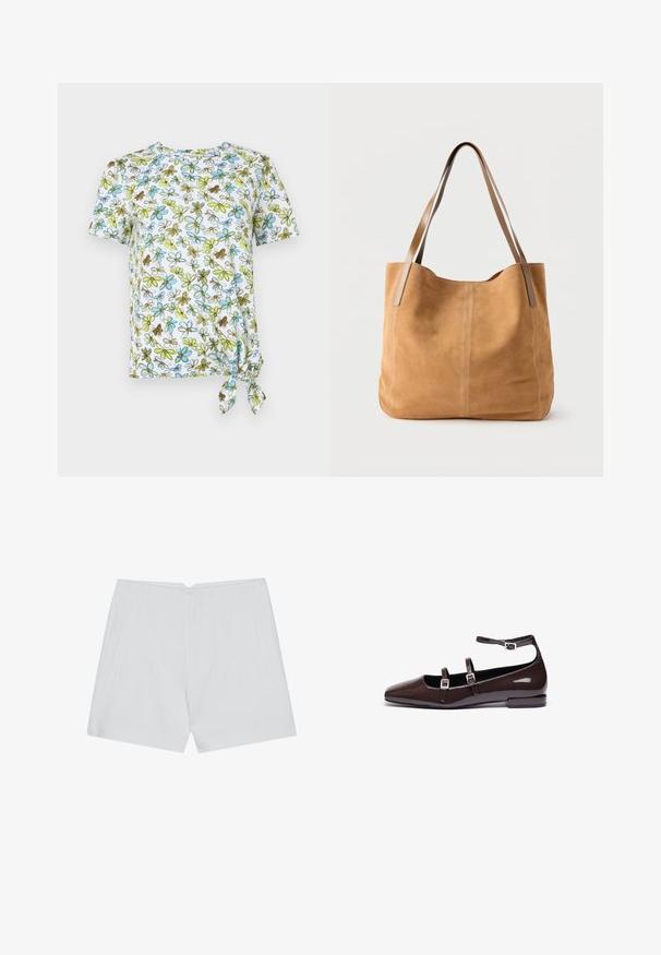 Kortærmet, hvid T-shirt med blomsterprint i blå, grøn og brun. Har en knude detalje på siden for en sammensnøringseffekt.; Hvide shorts med et skræddersyet design, flad front, to sidelommer og en ren kant. Fremstillet af et glat stof uden synlige mønstre.; Brune patentlæder flade sko med spids tå, der har to justerbare stropper og sølvspænder samt en lav, firkantet hæl.; Beige ruskindtaske med lange lysebrune læderstropper, blød tekstur og enkel syning på en ensfarvet hvid baggrund.