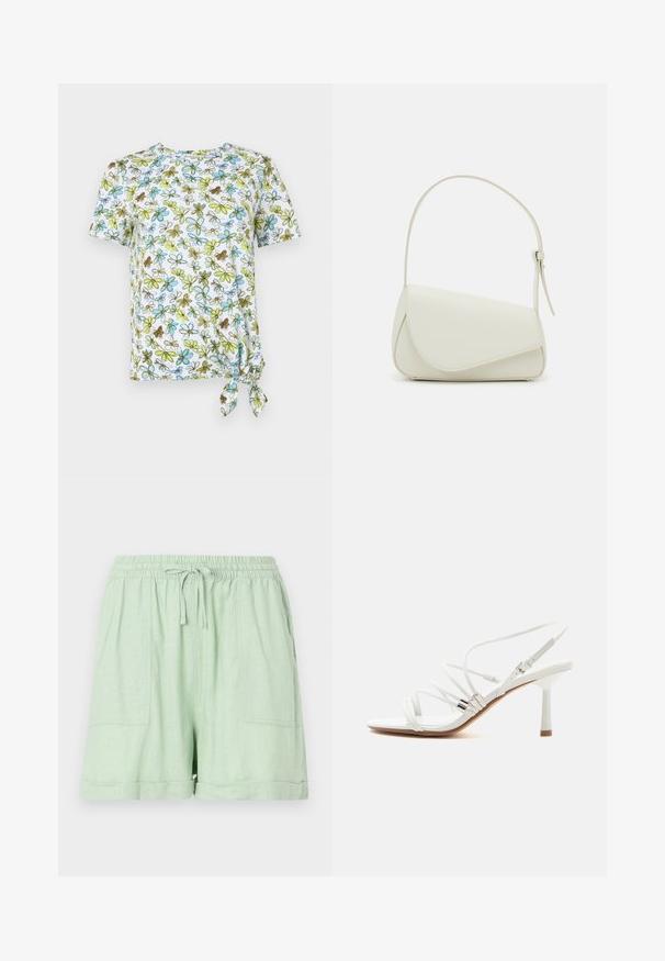 Korte mouwen, wit T-shirt met bloemenprint in blauw, groen en bruin. Heeft een geknoopt detail aan de zijkant voor een gerimpeld effect.; Lichtgroene shorts van een linnenmix met een elastische tailleband, trekkoordsluiting en twee voorzakken; heeft een opgerold zoomdetail.; Witte sandaal met hoge hak en dunne bandjes, zilveren accenten, een vierkante neus en een smalle middenhoge hak op een effen witte achtergrond.; Witte nepleren handtas met een gestructureerde driehoekige vorm, een enkele verstelbare schouderriem en een klep met ronde accenten.