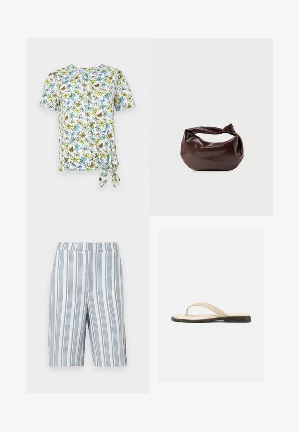 Korte mouwen, wit T-shirt met bloemenprint in blauw, groen en bruin. Heeft een geknoopt detail aan de zijkant voor een gerimpeld effect.; Linnen shorts met verticale blauw-witte strepen, reguliere tailleband met een knoopsluiting en twee zijzakken.; Beige platte teenslipper met gevoerd voetbed en zwarte zool, zijaanzicht op witte achtergrond.; Donkerbruine leren schoudertas met een zachte, slungelige vorm en een gedraaide knoopvormige handgreep op een effen witte achtergrond.