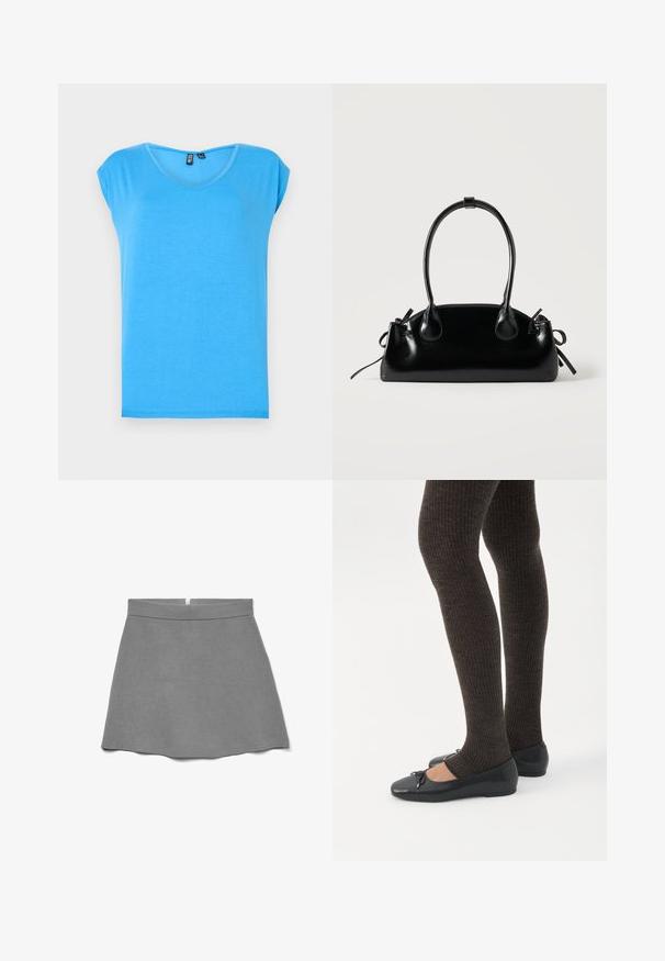 Top corto azul de manga corta con un diseño de escote en V, hecho de tela suave, que presenta un estilo simple y una textura sin adornos.; Falda gris hecha de tela suave, con cintura alta, forma acampanada y una cremallera oculta en la parte trasera.; Piernas con leggings oscuros acanalados combinados con bailarinas negras que presentan pequeños detalles de lazo sobre un fondo blanco.; Pequeño bolso negro brillante con dos asas largas y detalles de cordón lateral sobre un fondo claro liso.