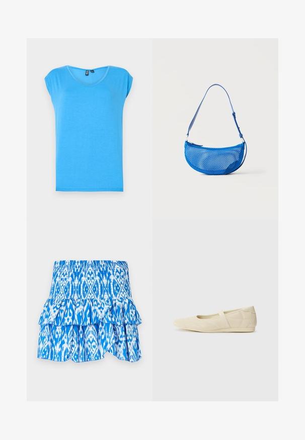 Top corto azul de manga corta con un diseño de escote en V, hecho de tela suave, que presenta un estilo simple y una textura sin adornos.; Falda azul y blanca con un diseño estampado, cintura fruncida, dobladillo de capas con volantes y tejido ligero. Presenta un diseño estilo ikat.; Bailarinas beige con un exterior de cuero liso, punta en forma de almendra y una correa elástica en el empeine, con detalles de costura sutiles.; Bolso azul de malla para el hombro con correa ajustable y cierre de cremallera, mostrado sobre un fondo blanco liso.