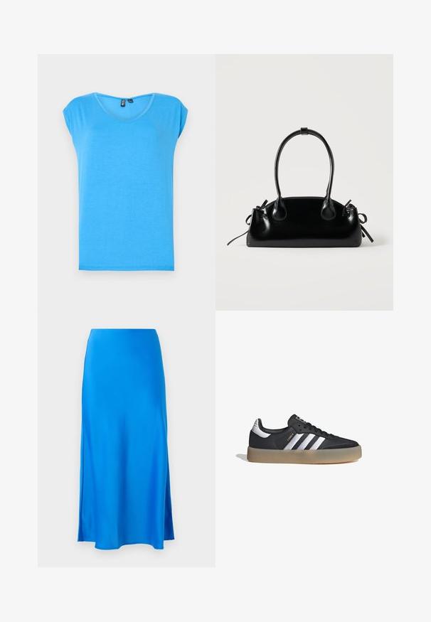 Top corto azul de manga corta con un diseño de escote en V, hecho de tela suave, que presenta un estilo simple y una textura sin adornos.; Falda maxi de satén azul con una textura suave, forma ligeramente en A y abertura lateral, que ofrece una silueta fluida.; Zapatilla deportiva de cuero negro con tres rayas plateadas, punta texturizada y suela de goma. Cuenta con un collar acolchado y un diseño con cordones.; Pequeño bolso negro brillante con dos asas largas y detalles de cordón lateral sobre un fondo claro liso.