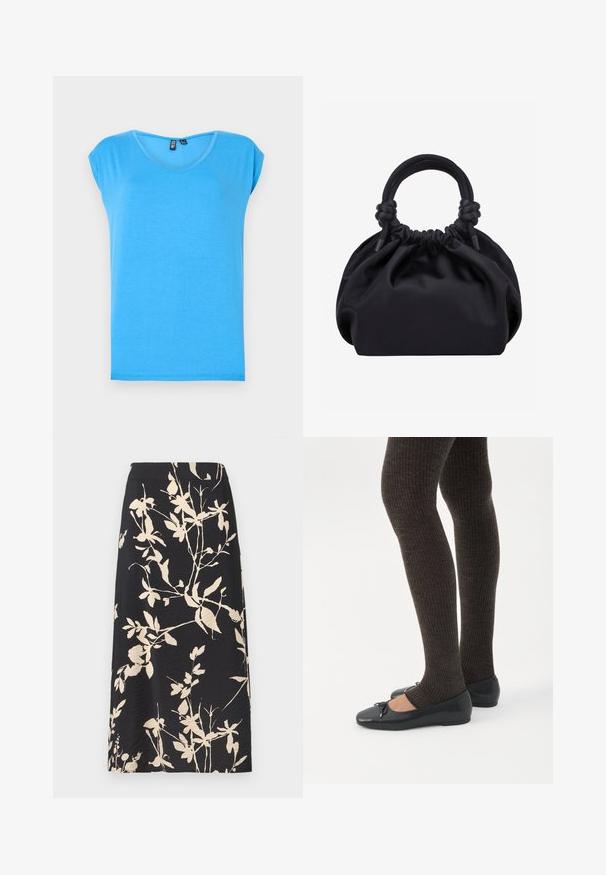 Top corto azul de manga corta con un diseño de escote en V, hecho de tela suave, que presenta un estilo simple y una textura sin adornos.; Falda midi negra con patrones florales y hojas beige, textura suave y cintura ajustada.; Piernas con leggings oscuros acanalados combinados con bailarinas negras que presentan pequeños detalles de lazo sobre un fondo blanco.; Bolso de mano de tela negra suave con parte superior fruncida y asas acolchadas circulares atadas con nudos a cada lado.