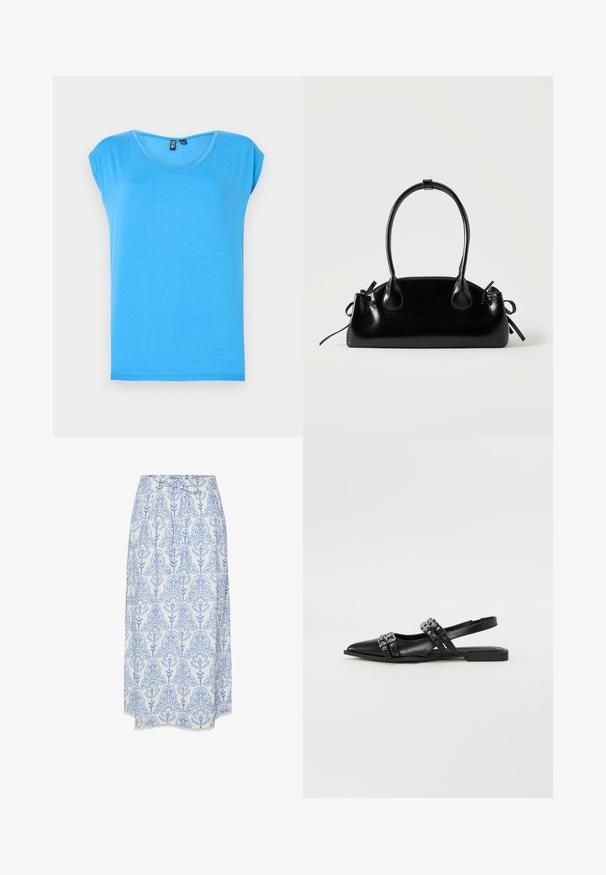 Top corto azul de manga corta con un diseño de escote en V, hecho de tela suave, que presenta un estilo simple y una textura sin adornos.; Falda blanca con patrón floral azul, con pliegues y un borde de encaje en el dobladillo. Fabricada con tela ligera, con una cintura ajustable.; Even&Odd by Zalando Bailarinas con tira trasera - black; Pequeño bolso negro brillante con dos asas largas y detalles de cordón lateral sobre un fondo claro liso.