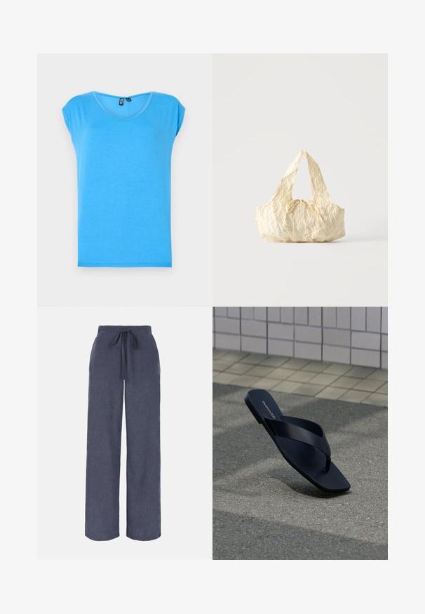 Top corto azul de manga corta con un diseño de escote en V, hecho de tela suave, que presenta un estilo simple y una textura sin adornos.; Pantalones azules marino de pernera ancha con cintura elástica y cordón delantero, hechos de tela texturizada y suave.; Sandalia negra tipo tanga con punta cuadrada y nombre de la marca en la plantilla, colocada en posición vertical sobre pavimento texturizado cerca de una pared con azulejos.; Bolso de tela texturizada color crema con asas superiores y un pequeño detalle de lazo atado en el centro del frente.
