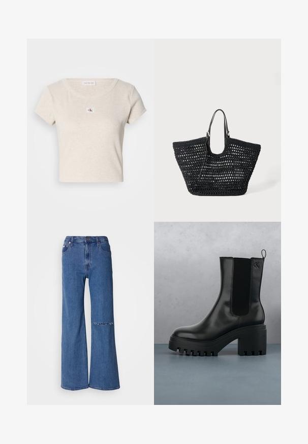 Kurzärmliges, cremefarbenes T-Shirt aus Rippstoff, mit kleinem CK-Logo-Patch vorne, runder Ausschnitt und lässiger Passform.; Weite Jeans in mittlerem blauen Denim, mit hoher Taille, vorderen Taschen und einem ausgefransten Patchdetail am linken Knie.; Schwarze Leder-Stiefelette mit runder Zehenform, chunky Plateausohle und Netzseiteneinsätzen. Verfügt über eine Zuglasche für einfaches An- und Ausziehen.; Schwarze gewebte Tote-Tasche mit offenem Gewebemuster und zwei schlanken Griffen, vor weißem Hintergrund.