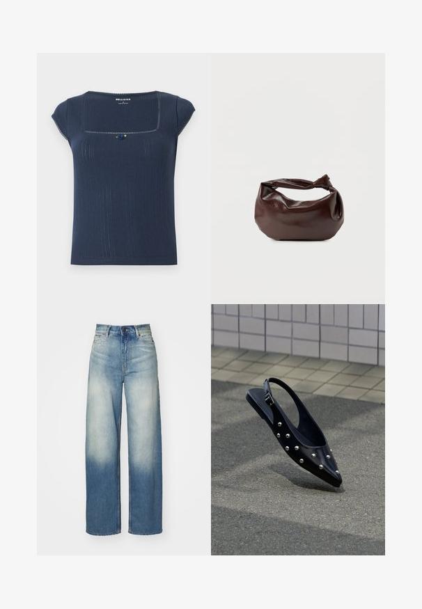 Ναυτικό μπλε πλέκτο τοπ με τετράγωνη λαιμόκοψη, κοντά μανίκια και διακοσμητική μπλε και πράσινη λεπτομέρεια κοντά στη λαιμόκοψη.; Ανοιχτό μπλε φαρδύ παντελόνι τζιν με ψηλή μέση, κατασκευασμένο από τζιν, με ξεθωριασμένο γκράντ, πέντε τσέπες και μεταλλικά αξεσουάρ.; Μαύρο μυτερό παπούτσι slingback με ασημένια τρουκ, να αιωρείται πάνω από άσφαλτο κοντά σε πλακιδωτό τοίχο.; Σκούρα καφέ δερμάτινη τσάντα ώμου με μαλακό, χαλαρό σχήμα και λαβή με στριμμένο κόμπο σε απλό λευκό φόντο.