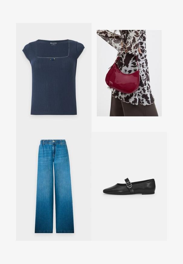 Dunkelblaues geripptes Oberteil mit quadratischem Ausschnitt, kurzen Ärmeln und einem dekorativen blau-grünen Akzent am Halsauschnitt.; Weit geschnittene Jeans aus hellblauem Denim, mit einem elastischen Bund, einem Knopfverschluss und einem geraden Schnittdesign mit ausgeblichenem Effekt.; Schwarzer Lederflatschuh mit runder Zehenform, einem verstellbaren Schnallenriemen und einer glatten, glänzenden Oberfläche. Minimalistisches Design mit einem niedrigen Absatz.; Frau trägt eine schwarz-weiß gemusterte Bluse und hält eine glänzende rote Schultertasche vor einem einfarbigen Hintergrund.