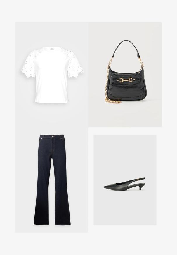 Camiseta blanca con mangas de encaje decorativo, que presenta un diseño simple y limpio con escote redondo.; Vaqueros de denim azul oscuro con cintura alta y piernas acampanadas, con bolsillos delanteros, botón y cierre de cremallera.; Zapato de tacón slingback negro de punta afilada, hecho de cuero suave. Presenta un tacón delgado y un detalle de hebilla en la correa ajustable.; Bolso de mano negro de charol con detalle de horsebit dorado, correa corta de cuero y cadena dorada desmontable sobre fondo blanco.