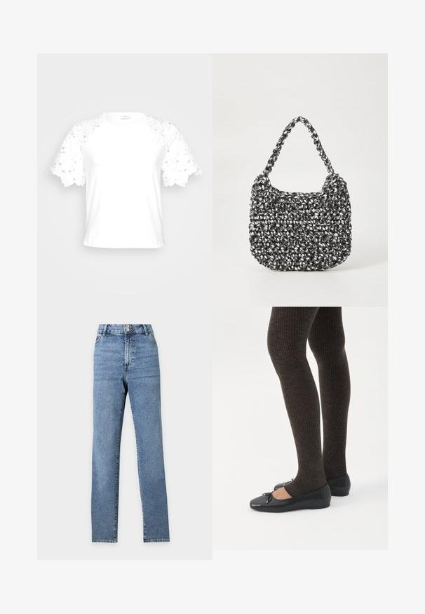 Hvid t-shirt med dekorative blonderærmer, der har et enkelt, rent design og rund hals.; Blå jeans med høj talje og lige ben, med to forreste knapper og lommer, vist mod en ensfarvet lys baggrund.; Ben iført mørke ribbede leggings kombineret med sorte balletsko med små sløjfedetaljer på hvid baggrund.; Vævet håndtaske i sort og hvid med en rund form, tekstureret overflade og et fletet håndtag. Velegnet til afslappet brug.