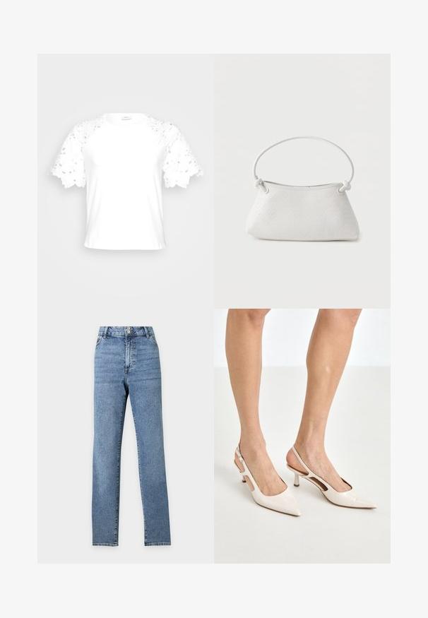 Camiseta blanca con mangas de encaje decorativo, que presenta un diseño simple y limpio con escote redondo.; Vaqueros azules de cintura alta y pernera recta, con dos botones delanteros y bolsillos, mostrados sobre un fondo claro y liso.; Tacones slingback de charol beige con punta afilada y un tacón de 5 cm, con lados recortados y una delgada correa en el tobillo.; Bolso de mano de cuero blanco tejido con asa redondeada y extremos de la correa anudados, exhibido sobre un fondo liso.