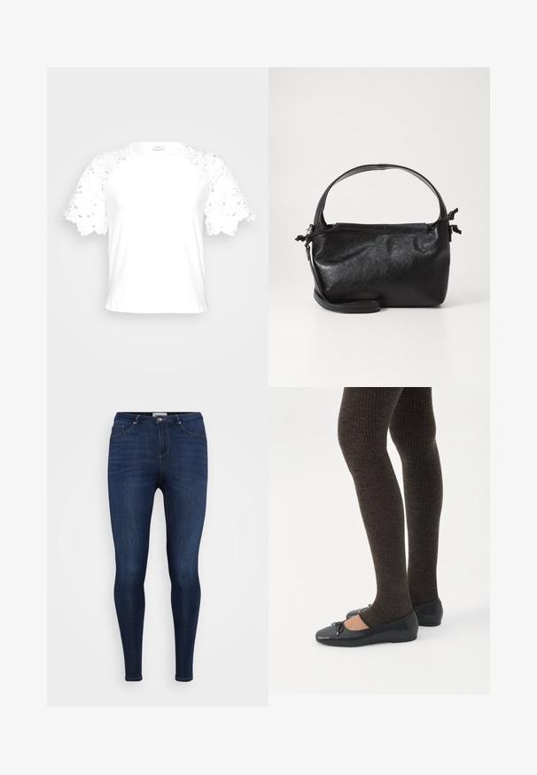 Hvid t-shirt med dekorative blonderærmer, der har et enkelt, rent design og rund hals.; ONLY Carmakoma Skinny fit CARTHUNDER - Jeans Skinny Fit - dark blue denim; Ben iført mørke ribbede leggings kombineret med sorte balletsko med små sløjfedetaljer på hvid baggrund.; Sort læderhåndtaske med et struktureret design, rund tophåndtag og aftagelig skulderrem. Den har en glat tekstur og en subtil glans.
