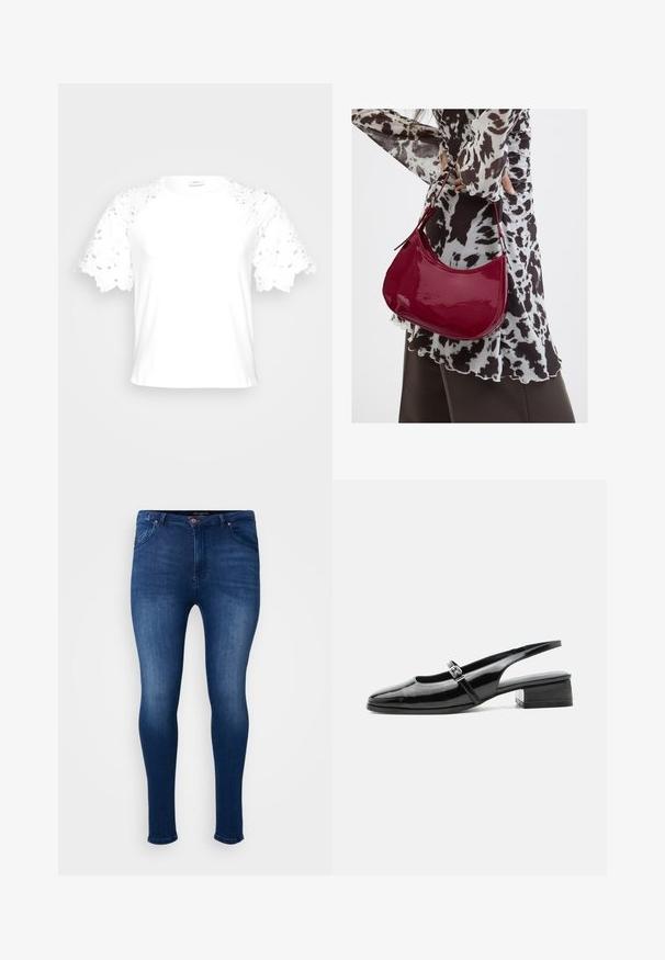 Hvid t-shirt med dekorative blonderærmer, der har et enkelt, rent design og rund hals.; Mørkeblå skinny jeans lavet af denim. Har fem lommer, en knaplukning og en glat overflade med minimal falming.; Sort laklæderslingback-sko med lav blokhæl og tynd rem med sølvspænde over toppen.; Kvinde iført en sort- og hvidmønstret bluse, der holder en blank rød skuldertaske mod en ensfarvet baggrund.