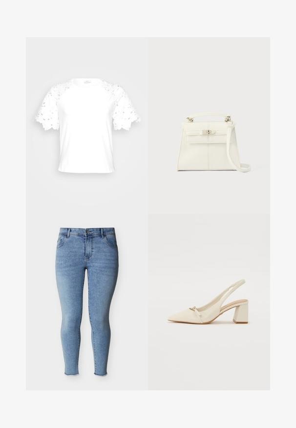 Hvid t-shirt med dekorative blonderærmer, der har et enkelt, rent design og rund hals.; Lyseblå tætsiddende jeans med frontknap, fem lommer og frynsede ankelsømme, vist på en hvid baggrund.; Beige læder slingback sko med spidse tå, lav blokhæle og lille sløjfedetalje foran. Glat tekstur og minimalistisk design.; Hvid læderhåndtaske med en struktureret form, top håndtag, aftagelig skulderrem og en sølv spænde lukning. Glat tekstur, minimalistisk design.