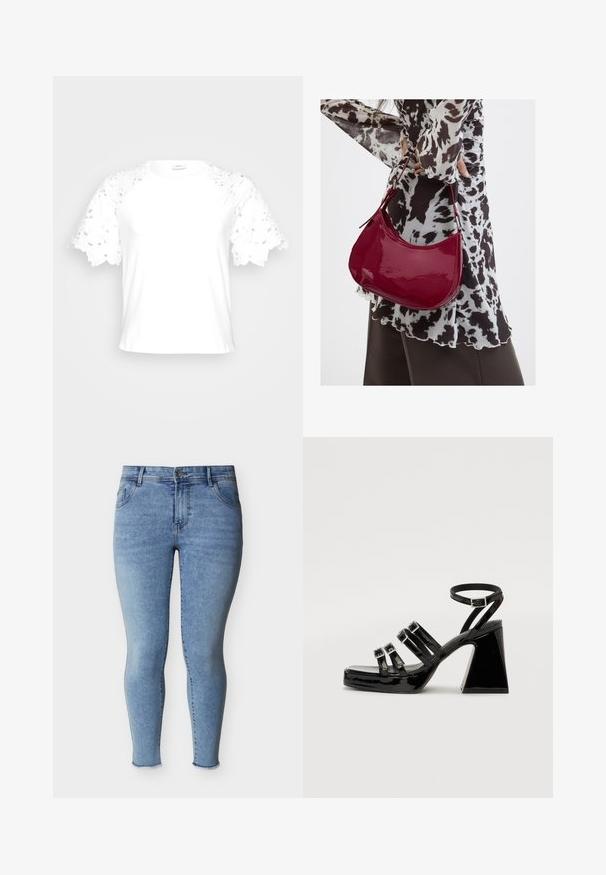 Weißes T-Shirt mit dekorativen Spitzenärmeln, das ein schlichtes, sauberes Design und einen runden Ausschnitt bietet.; Hellblaue Skinny-Jeans mit Vordertaschenknopf, fünf Taschen und ausgefransten Beinenden, dargestellt vor weißem Hintergrund.; Schwarze Lackleder-Pumps mit einem Quadratzehen, mehrfacher Riemen-Design, verstellbarem Knöchelriemen und einem klobigen geometrischen Absatz.; Frau trägt eine schwarz-weiß gemusterte Bluse und hält eine glänzende rote Schultertasche vor einem einfarbigen Hintergrund.