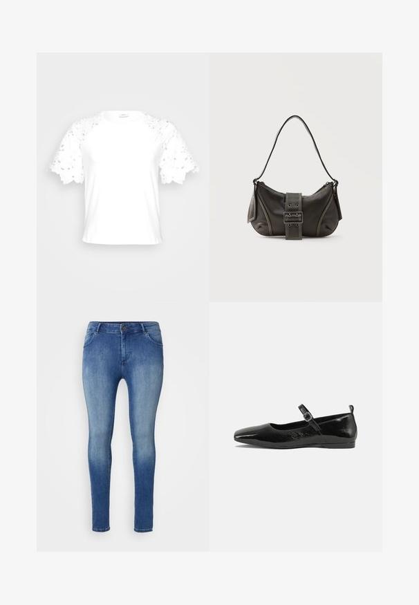 T-shirt blanc avec des manches en dentelle décoratives, présentant un design simple et épuré ainsi qu'un col rond.; Jeans skinny en denim bleu moyen avec un design délavé. Comprend des poches avant et une taille standard avec fermeture à bouton.; Chaussure plate en cuir verni noir avec un bout pointu, une sangle de cheville avec boucles, et une texture lisse et brillante. Talon bas pour le confort.; Sac à épaule en cuir noir avec une sangle à boucle, des bords arrondis et des coutures blanches contrastées sur un fond uni.