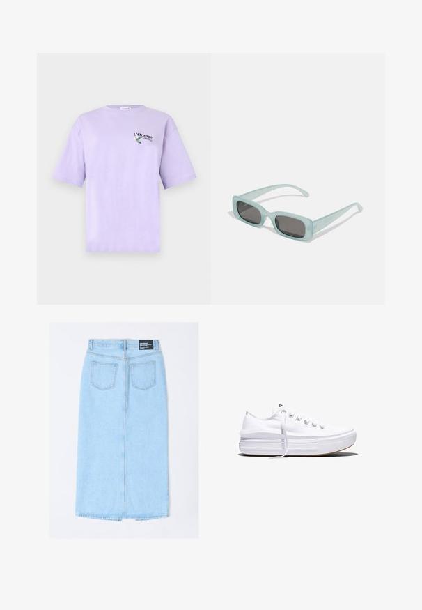 Lila T-shirt met korte mouwen met kleine tekst "L’Orange délicieux" en een bloem met twee groene bladeren op de linker bovenborst.; Lichtblauwe denim midi-rok met een naad in het midden achter, twee achterzakken en een label aan de tailleband. Soepele textuur met een recht gesneden ontwerp.; Witte lage canvas sneaker met dikke plateauzool, veters aan de voorkant en rubberen toeskap met structuur, zijaanzicht.; Een paar rechthoekige zonnebrillen met lichtblauwe doorzichtige monturen en donkergrijze glazen, met rechte pootjes en minimale hardwaredetails.