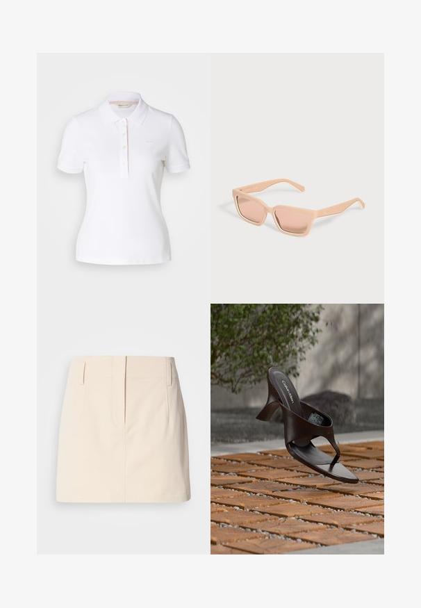 Camisa polo blanca con cuello clásico, mangas cortas, tapeta de cinco botones y un discreto logotipo tonal en el pecho; material de algodón.; Calvin Klein Jeans SKIRT - Falda acampanada - fog; Sandalia de tiras con tacón marrón de Calvin Klein suspendida sobre suelo exterior de loseta de madera y grava, con fondo desenfocado de vegetación y piedras.; Gafas de sol rectangulares color melocotón claro con montura gruesa y lentes tintadas a juego sobre un fondo claro y liso.