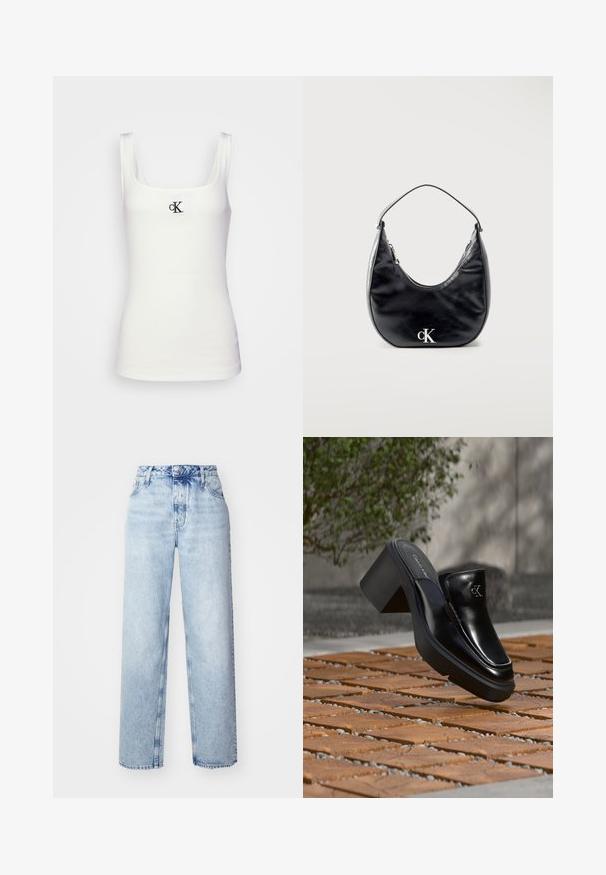 Hvid bomulds tanktop med firkantet udskæring og smalle stropper. Har et lille sort broderet CK-logo på forsiden.; Lyseblå højtaljede jeans med løs pasform, der har lige ben, fem lommer og en klassisk knap- og lynlåslukning.; Sort læder Calvin Klein slip-on mule med blokhæl, der hviler på trætøj udendørs nær en grøn plante og en grå væg.; Sort lædertaske i halvmåneform med kort strop og sølvfarvet "cK"-logo foran, lynlåslukning i toppen.