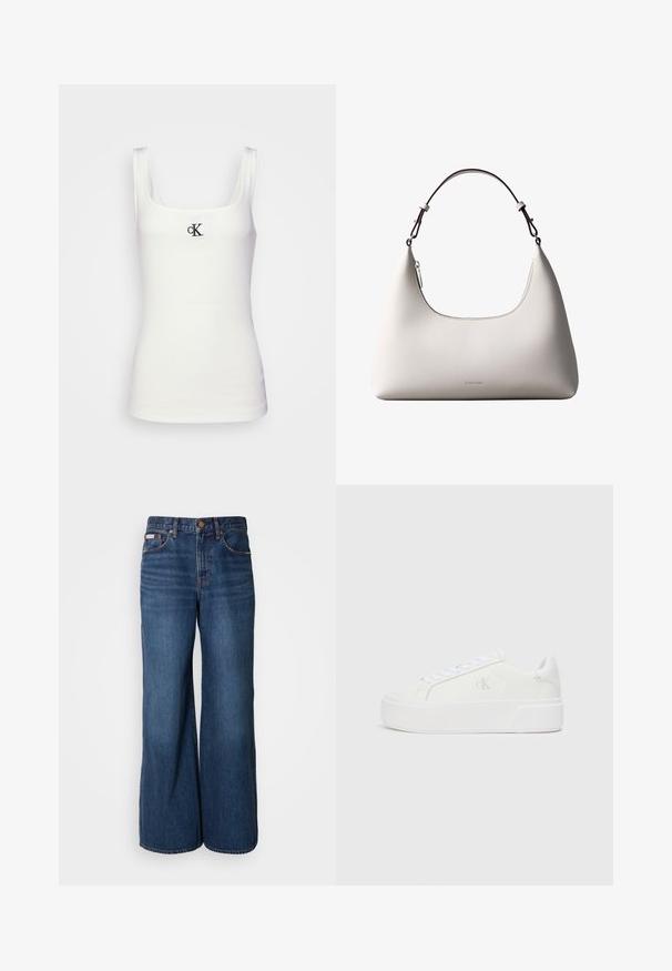 Hvid bomulds tanktop med firkantet udskæring og smalle stropper. Har et lille sort broderet CK-logo på forsiden.; Bredde jeans lavet af mørkeblåt denim. Funktioner inkluderer en høj talje, fem lommer og kontrasterende orange syninger langs sømmene.; Hvide platform sneakers med en glat læderoverdel, rund tå, hvide snørebånd og diskret logo-detalje på siden. Flad gummisål.; Cremefarvet skuldertaske i læder fra Calvin Klein med buet topkant, sølvfarvet lynlås og mørkebrun justerbar rem.