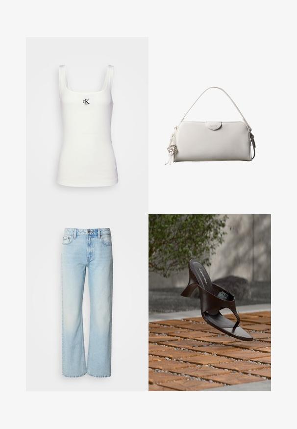 Weißes Baumwolltanktop mit quadratischem Ausschnitt und schmalen Trägern. Verfügt über ein kleines, schwarz gesticktes CK-Logo auf der Vorderseite.; Helle blaue weit geschnittene Jeans aus Denim, mit einem klassischen Fünf-Taschen-Design und einer dezenten, gewaschenen Textur. Die Denim-Nähte sind sichtbar.; Braune Calvin Klein Sandalette mit Absatz und Zehensteg, schwebend über einem Boden aus Holzfliesen und Kies im Freien, mit verschwommenem Grün und Stein im Hintergrund.; Weiße rechteckige Calvin Klein Handtasche mit einem einzelnen Henkel, minimalistischem Design und dekorativen Quasten mit geometrischem Metallanhänger an der Seite.