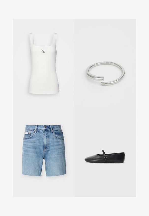 Weißes Baumwolltanktop mit quadratischem Ausschnitt und schmalen Trägern. Verfügt über ein kleines, schwarz gesticktes CK-Logo auf der Vorderseite.; Hellblaue Jeansshorts mit Knopf- und Reißverschluss, Gürtelschlaufen, Vordertaschen und einem kleinen Markenlabel auf der linken Tasche.; Schwarze Leder-Ballettschuhe mit spitzem Schuhzeug, flacher Sohle und einem kleinen Riemen mit silberner Schnalle.; Calvin Klein SPIRAL - Armband - silver-coloured