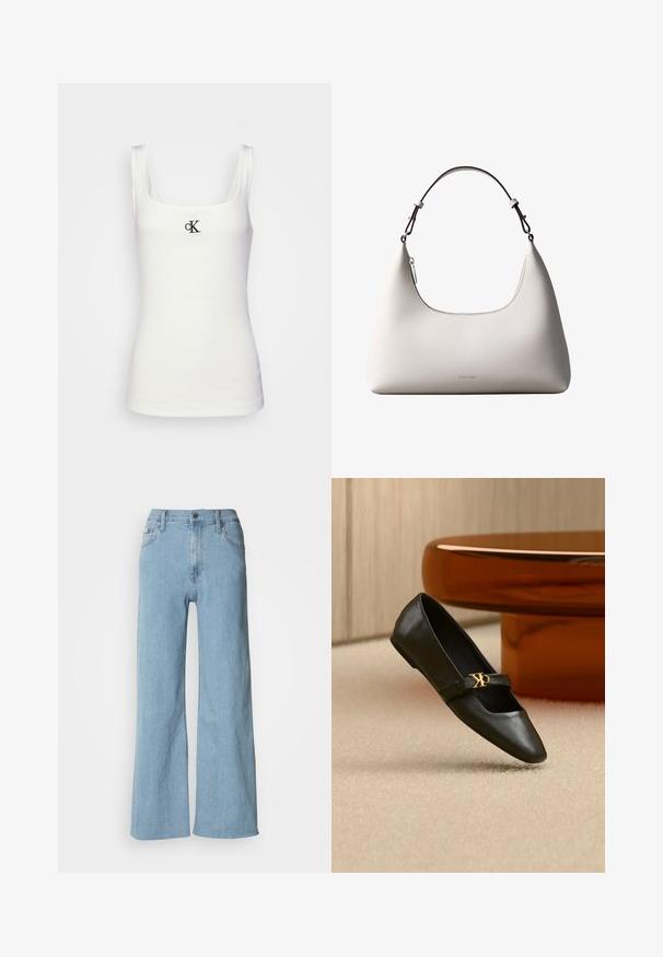 Weißes Baumwolltanktop mit quadratischem Ausschnitt und schmalen Trägern. Verfügt über ein kleines, schwarz gesticktes CK-Logo auf der Vorderseite.; Hellblaue weite Jeans aus Denim, mit einer enganliegenden Taille, Fünf-Taschen-Design und dezenten Nähdetails.; Schwarzer flacher Lederschuh mit spitzer Kappe und goldenem CK-Logo auf dem Riemen, auf beigem Teppich neben einem runden bernsteinbraunen Tisch platziert.; Cremefarbene Calvin Klein Lederschultertasche mit gebogener Oberkante, silbernem Reißverschluss und dunkelbraunem verstellbarem Riemen.