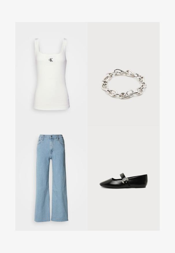 Hvid bomulds tanktop med firkantet udskæring og smalle stropper. Har et lille sort broderet CK-logo på forsiden.; Lyseblå vidde jeans lavet af denim, med en tætsiddende talje, fem-lomme design og subtile syningsdetaljer.; Sort læder Mary Jane-flad sko med rundet tå og sølvspænde på ensfarvet baggrund.; Sølvfarvet chunky kædearmbånd med uregelmæssige ovale led arrangeret i en cirkulær form på en ens hvid baggrund.